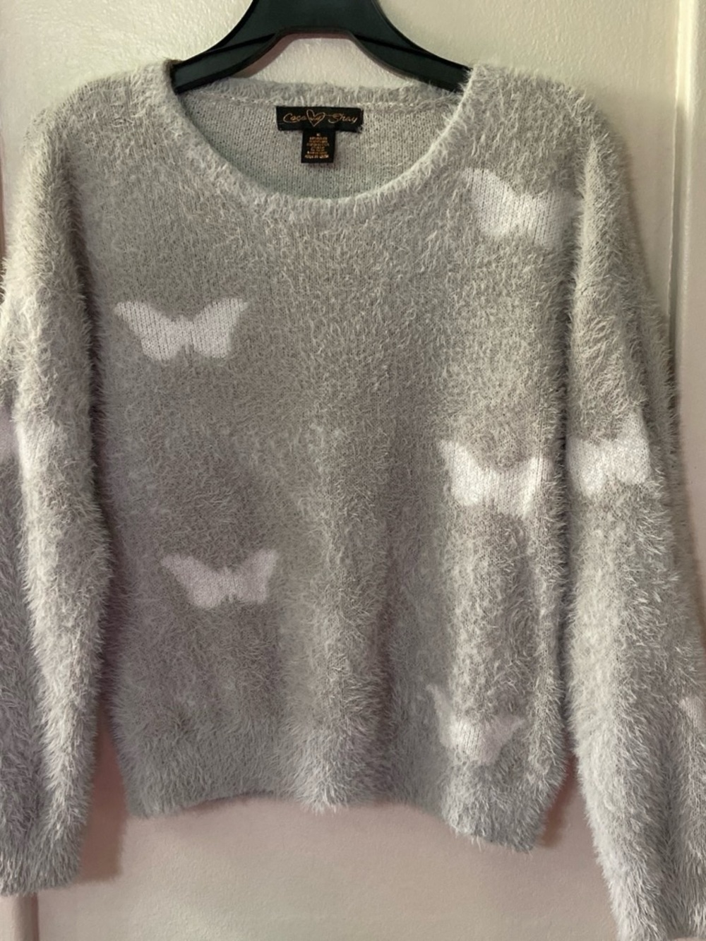 Coco & shay Light Gray Fuzzy Butterfly Crewneck Sweater